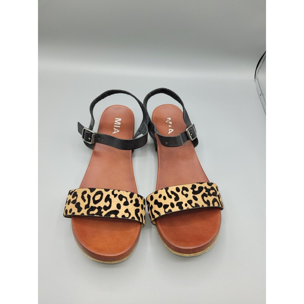 MIA Shoes Womens Kaylie Cross Strap Flat Sandals Black Leopard Leather Size 10